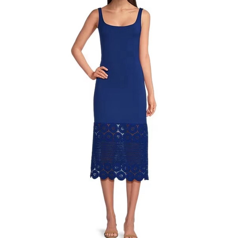 Adrianna Papell Novelty Knit Square Neck Sleeveless Crochet Hem Midi Dress
